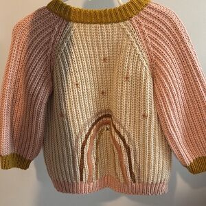 Charming Pink and Cream Knit Sweater with Rainbow Design